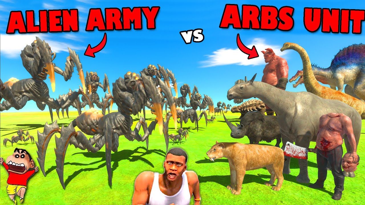 ALIENS ARMY vs ARBS UNITS in Animal Revolt Battle Simulator with SHINCHAN CHOP FRANKLIN