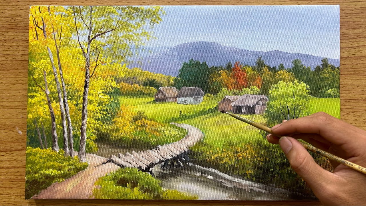 How to Paint an Autumn Countryside Landscape | Acrylic Painting on Canvas | Relaxing Art Tutorial