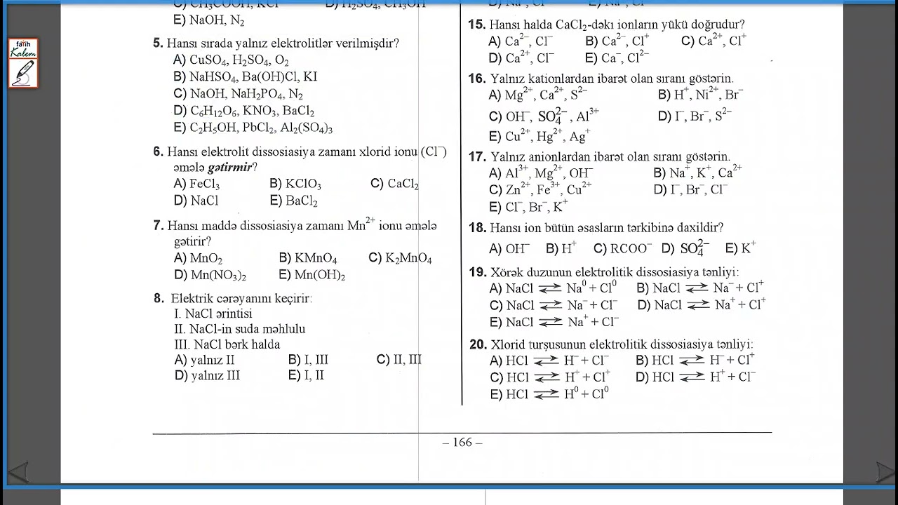 kimya test toplusu  1 hissə səhifə 166 sual 1-20