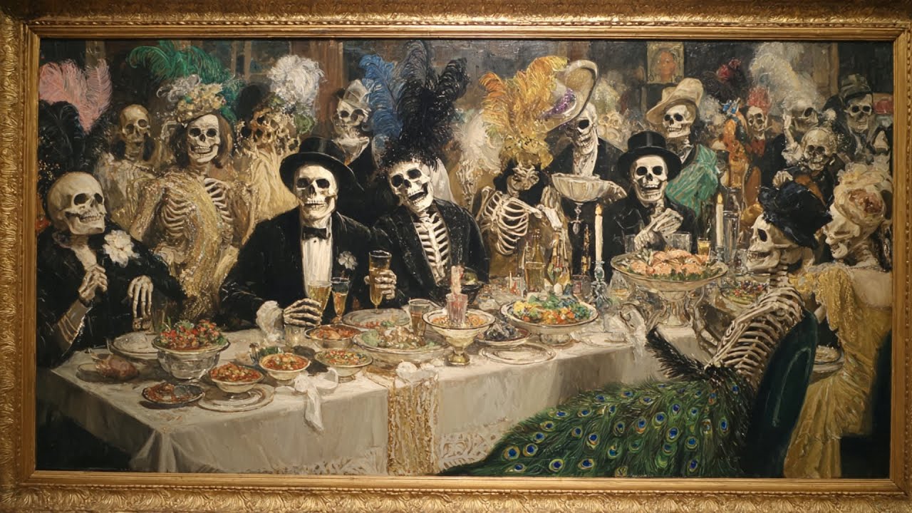 💀🥂 Vintage Halloween Elegance | Skeleton Party | 4K Gold-Framed TV Art Screensaver 🎃✨