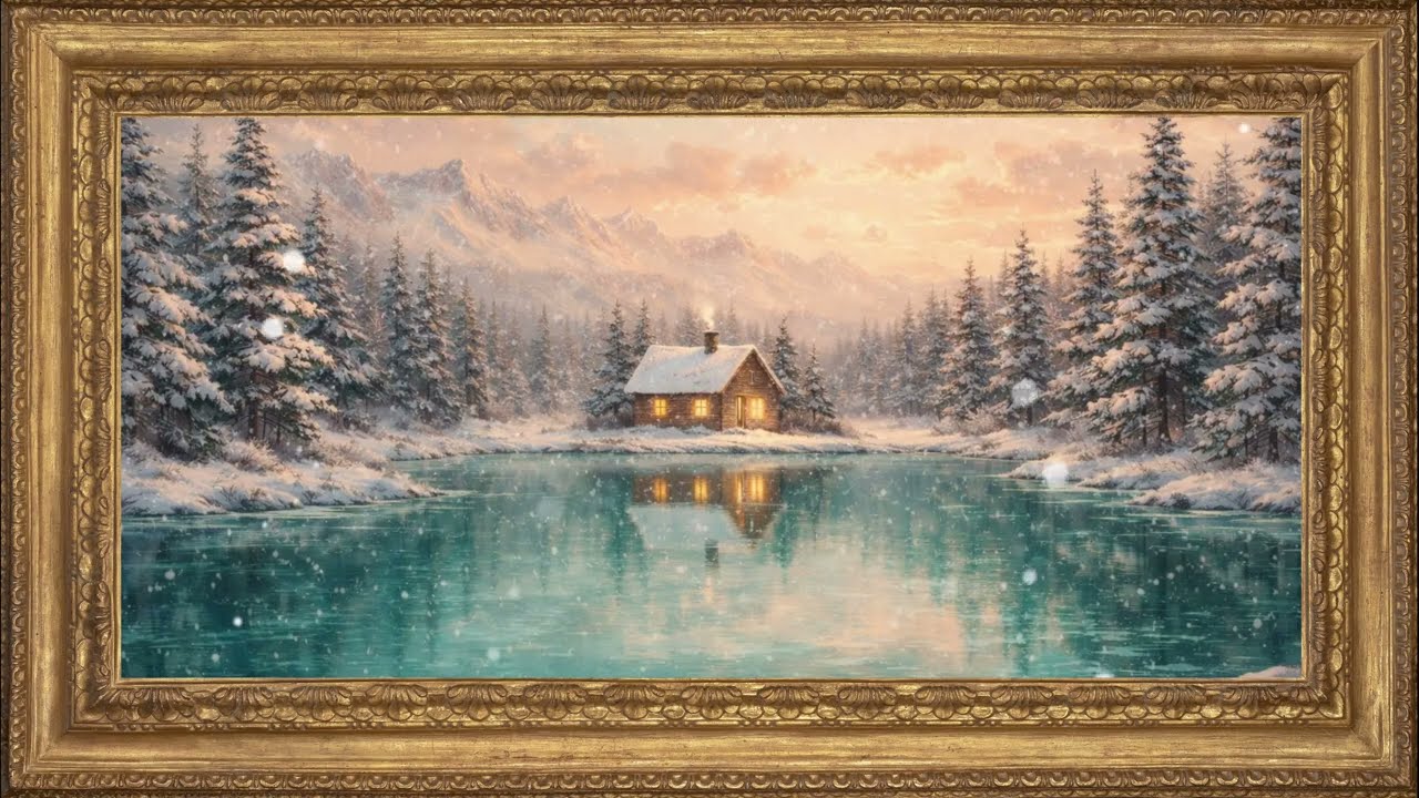Turquoise Winter Lake at Sunset | Cozy Cabin Snowfall | Vintage Frame TV Art 4K