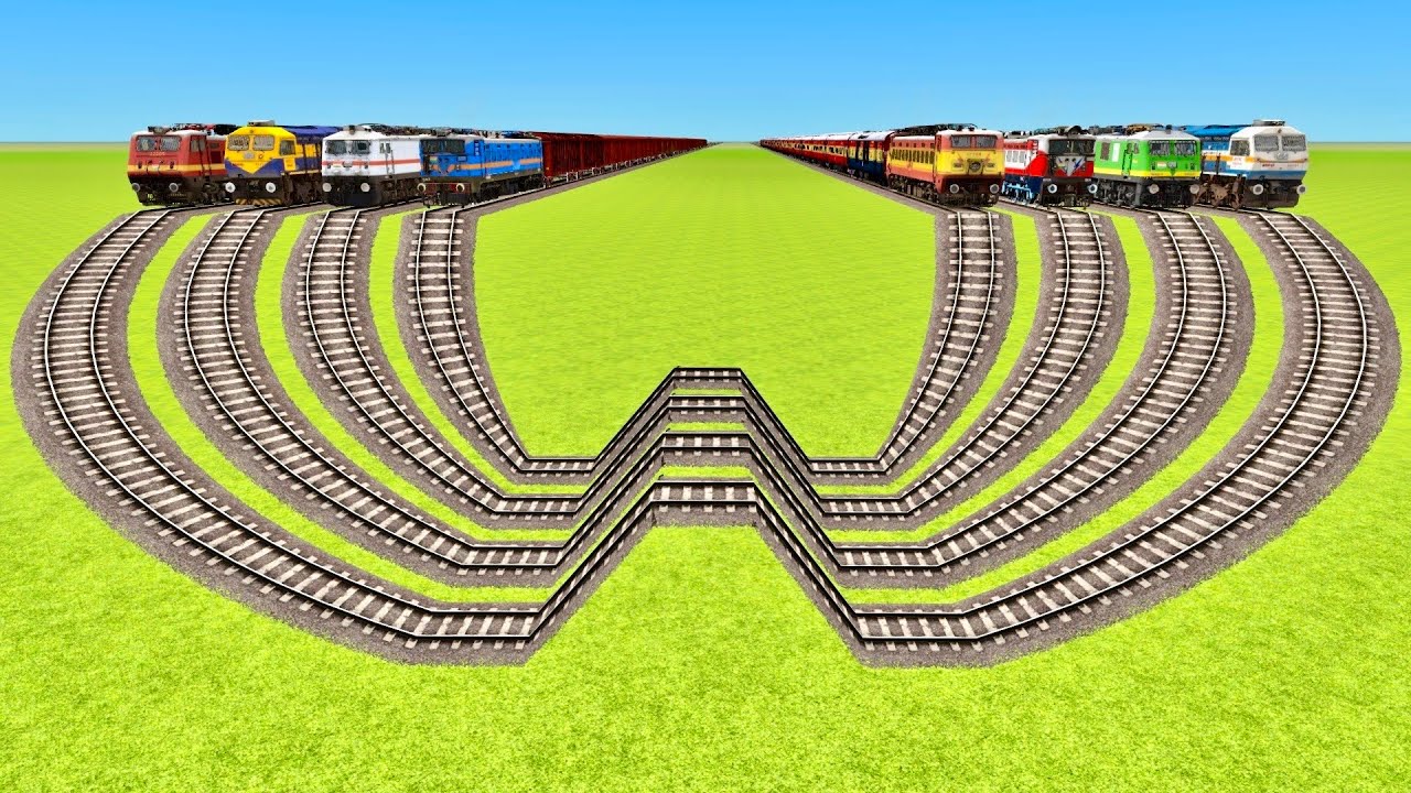 EIGHT TRAINS VS DOUBLE SIDE MIRROR SHAPED BUMPY CURVES RAILROAD ▶️ Train Simulator | CrazyRails