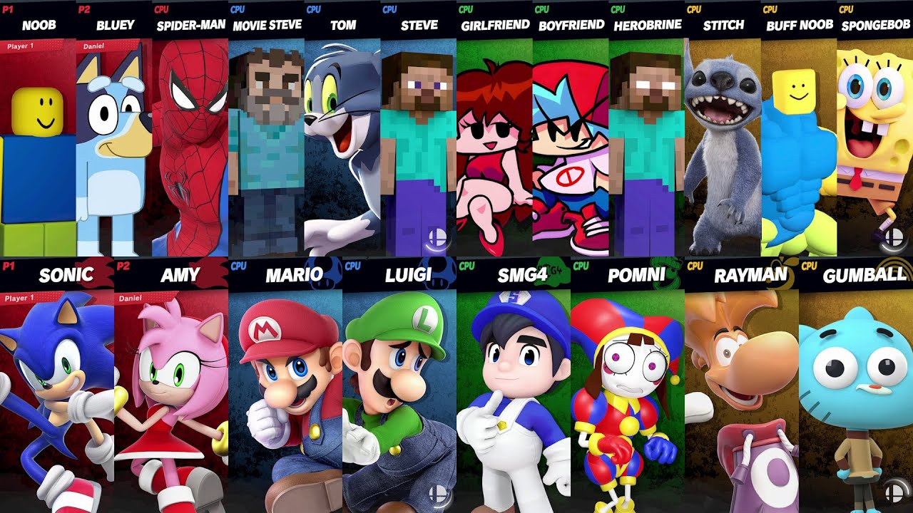Sonic vs Mario vs Roblox vs Minecraft vs Tom vs Spider-Man vs SpongeBob vs Steve | Super Smash Bros