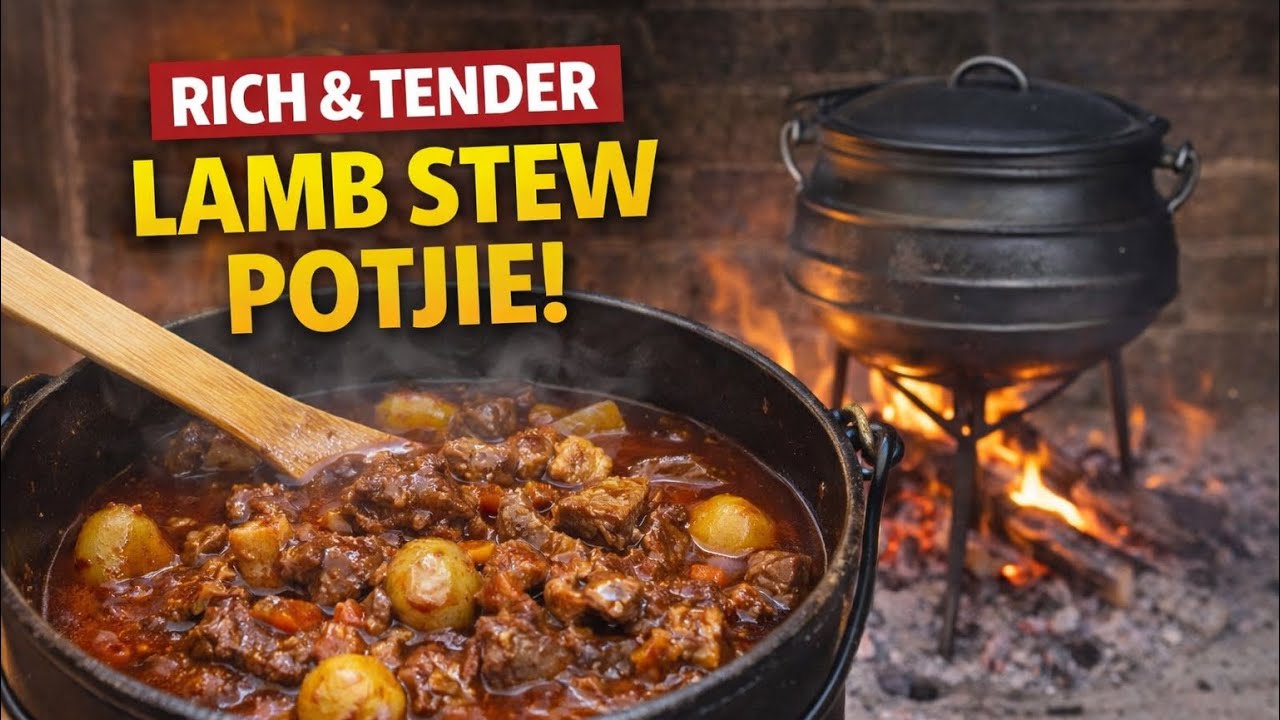 Rich & tender lamb stew potjiekos cooked over fire