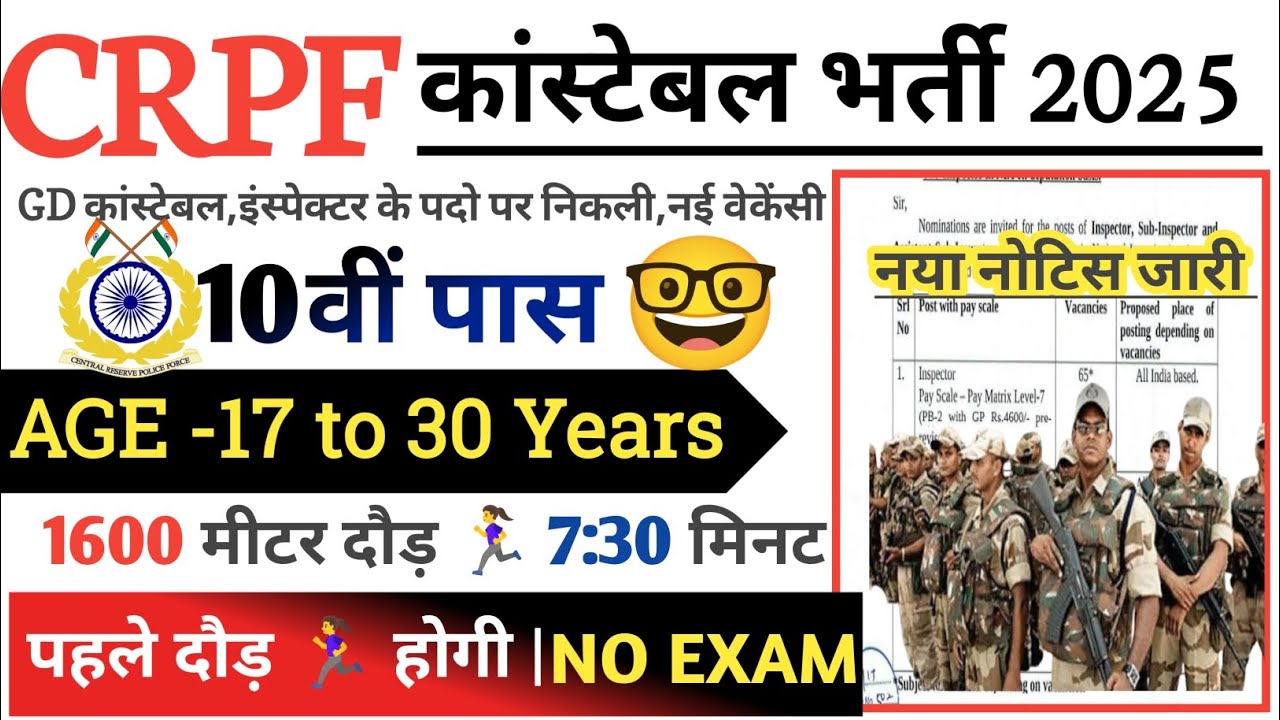 CRPF Rally Recruitment 2025 Notification | CRPF New Vacancy 2025 | Bharti October Jobs 2025 | 10th