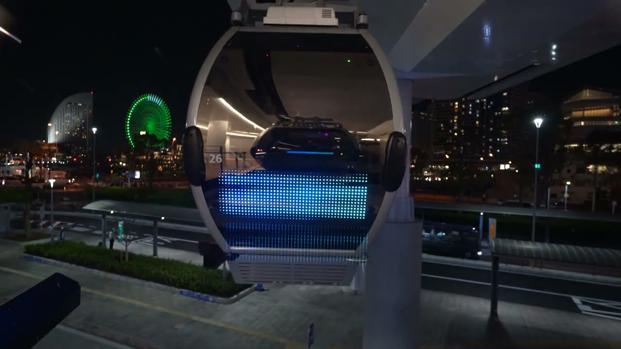 【4K前面展望】夜景輝く横浜みなとみらい！YOKOHAMA AIR CABIN都市型ロープウェイ　桜木町～運河パーク往復