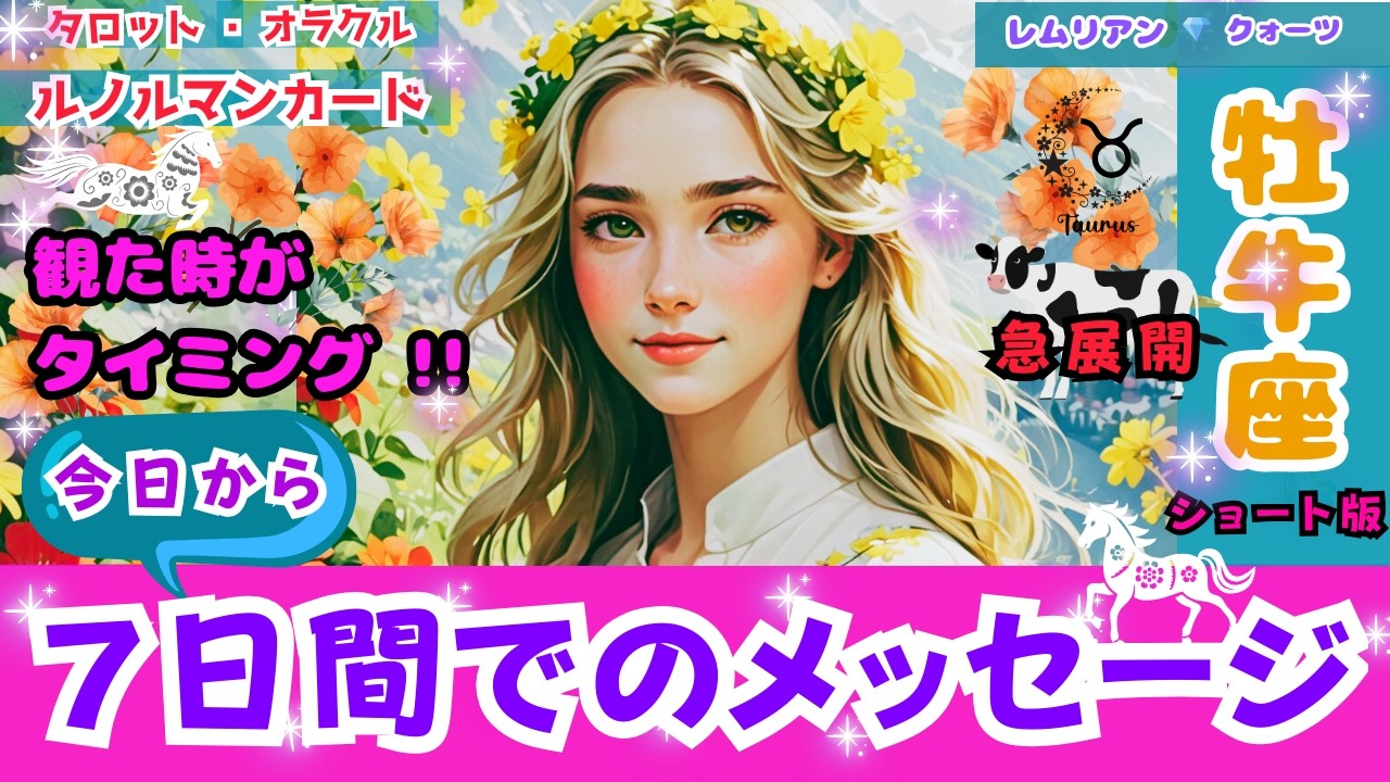 【 幸運 🌈 牡牛座 さん・７日間でのメッセージ ・観る時は今‼️《ショート版》】大 変化 ✨ 引き寄せ 叶う 🎊 浄化 💦 #タロット #オラクル #ルノルマン #Tarot  #lenorman