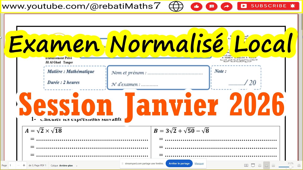 Examen Normalisé Local Session Janvier 2026 Mathématiques