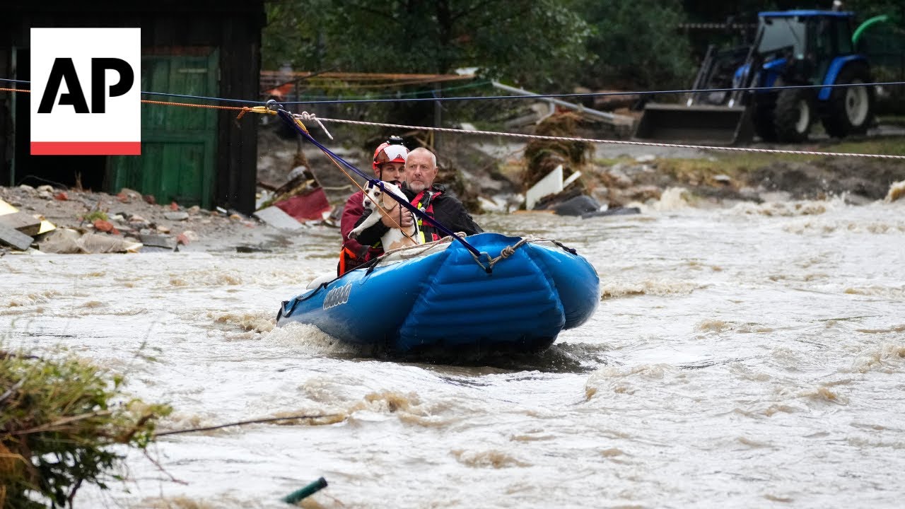 Floodwaters turn roads into rivers in town of Jesenik, Czech Republic