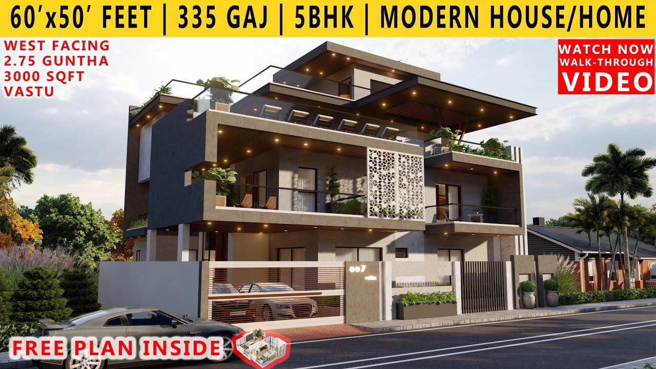 60' x 50' FEET HOUSE PLAN 3D VIDEO | 5BHK BUNGALOW  | 335 GAJ | 3000 SQUARE FEET HOUSE PLAN | DUPLEX