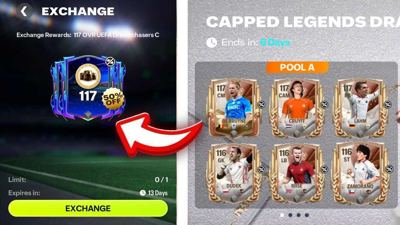 FREE 117 CAPPED LEGENDS DRAFT!! UFEA DREAMCHASER GLITCH FIXED 117 EXCHANGE FC MOBILE 26!!