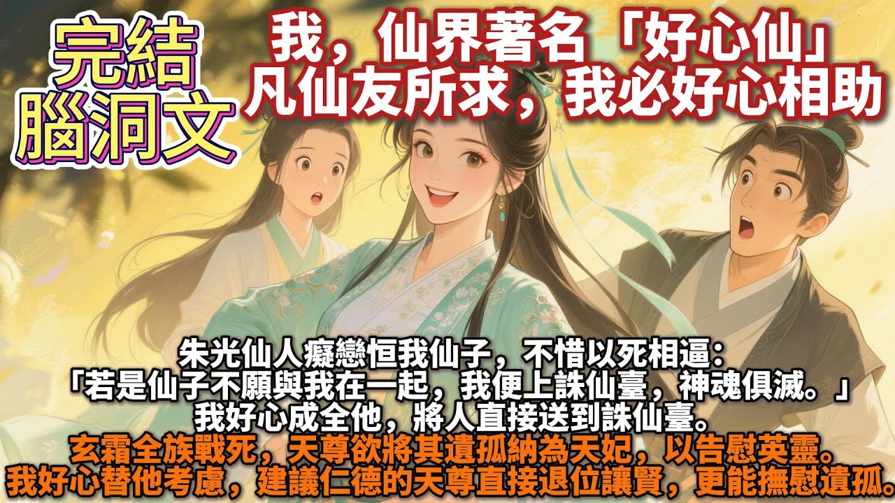 完結爽文：我，仙界著名「好心仙」凡仙友所求，我必好心相助。朱光仙人癡戀恒我仙子，不惜以死相逼：「若是仙子不願與我在一起，我便上誅仙臺，神魂俱滅。」我好心成全他，將人直接送到誅仙臺。