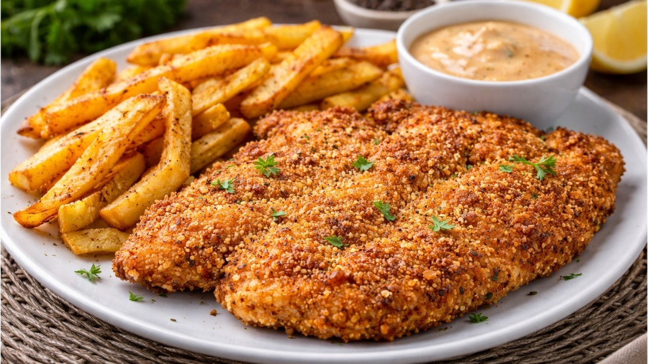 This is the only way I cook chicken now! Crispy Chicken Schnitzel with homemade fries