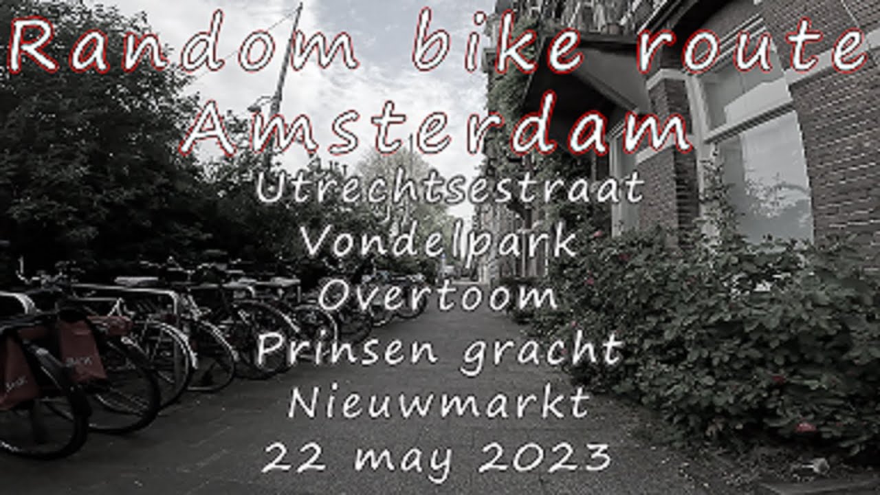 Amsterdam one hour by bike along famous places.  Rembrandtplein, Vondelpark, Nieuwmarkt. May 2023