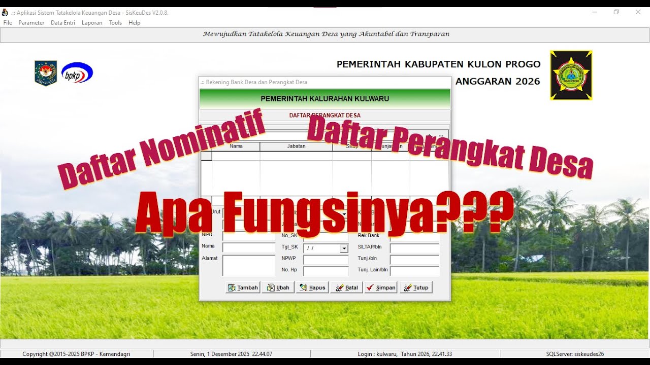 Daftar Nominatif dan Daftar Perangkat Desa, Fitur Baru Siskeudes 2026 Versi 2.0.8