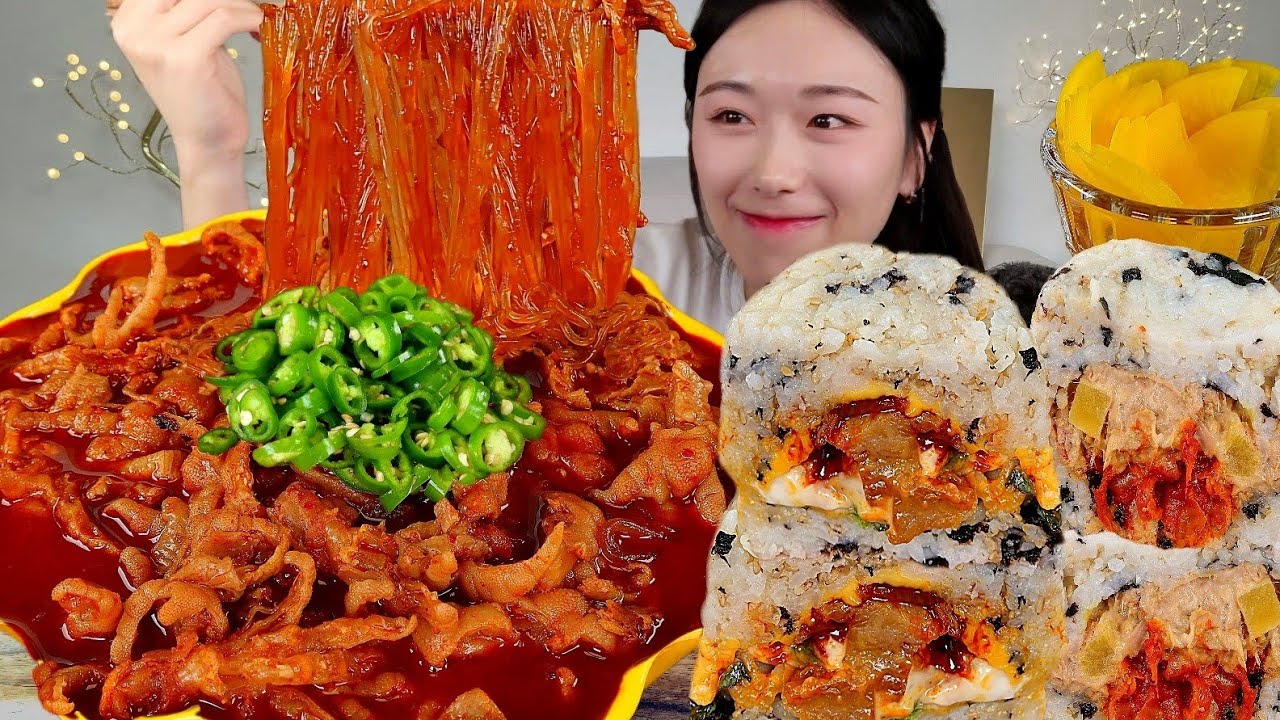 ASMR 매운 국물닭발에 당면 가득 넣어서 밥버거랑 먹어볼게요!! 리얼먹방 :) Chicken feet , Rice burger MUKBANG
