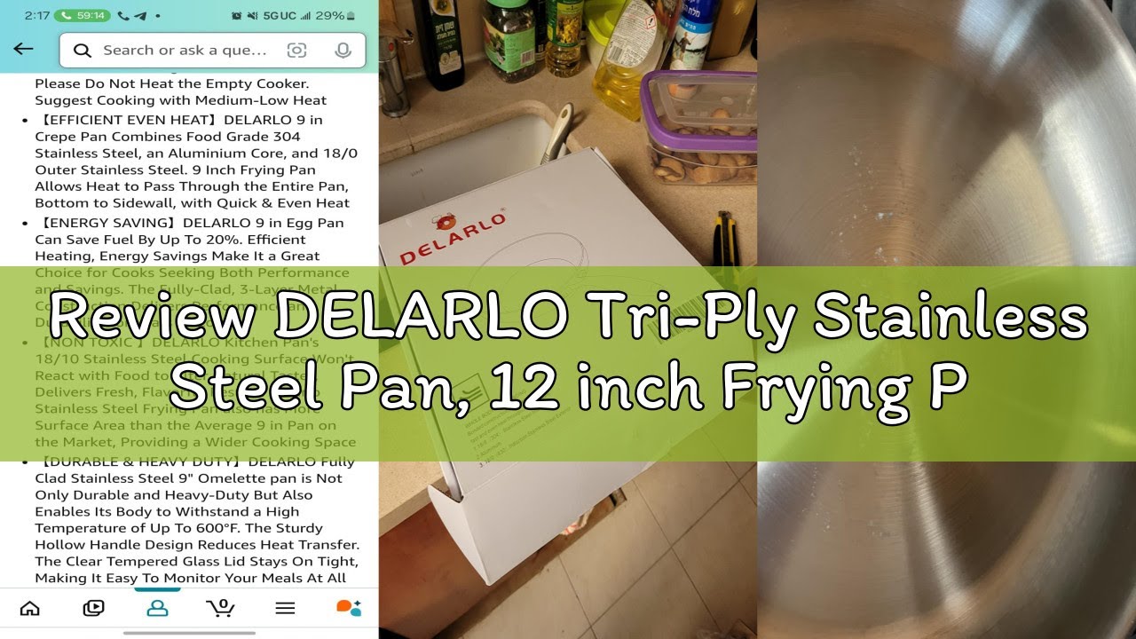 Review DELARLO Tri-Ply Stainless Steel Pan, 12 inch Frying Pan with Lid, Compatible with All Cooktop