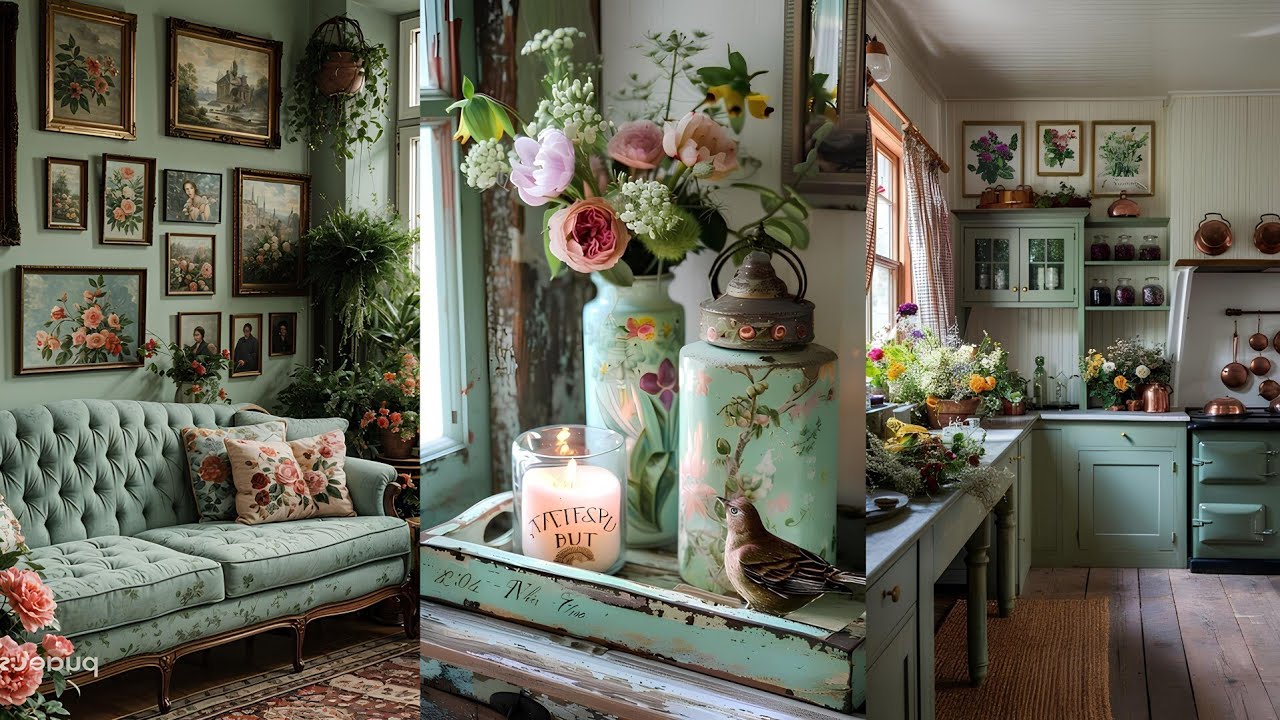 VINTAGE ENGLISH COUNTRY COTTAGE HOMETOUR: Mint Green, Gingham Floral, Red Accents HOME DECOR IDEAS