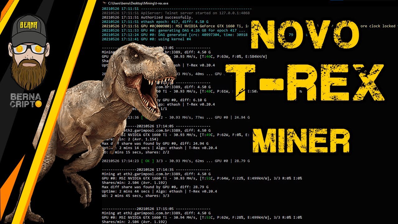 NOVO T-REX: ABSOLUTE CORE CLOCK NO WINDOWS❗ + OC SEM AFTERBURN❗ + POOL BACKUP❗ 😱😱 - BERNA CRIPTO