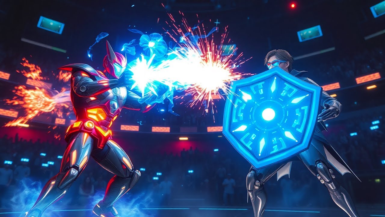Epic Robot Showdown Iron Thunder vs  Shield Guardian in Futuristic Arena Battle!