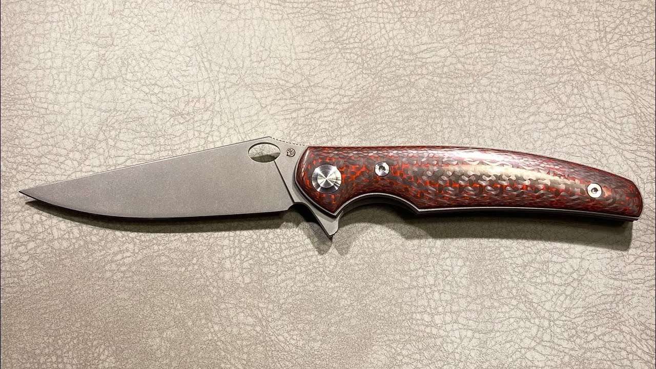Cheburkov Knife Crow Carbon Both Sides, M398, Handle Red And Black Carbon Gray Titanium, $800