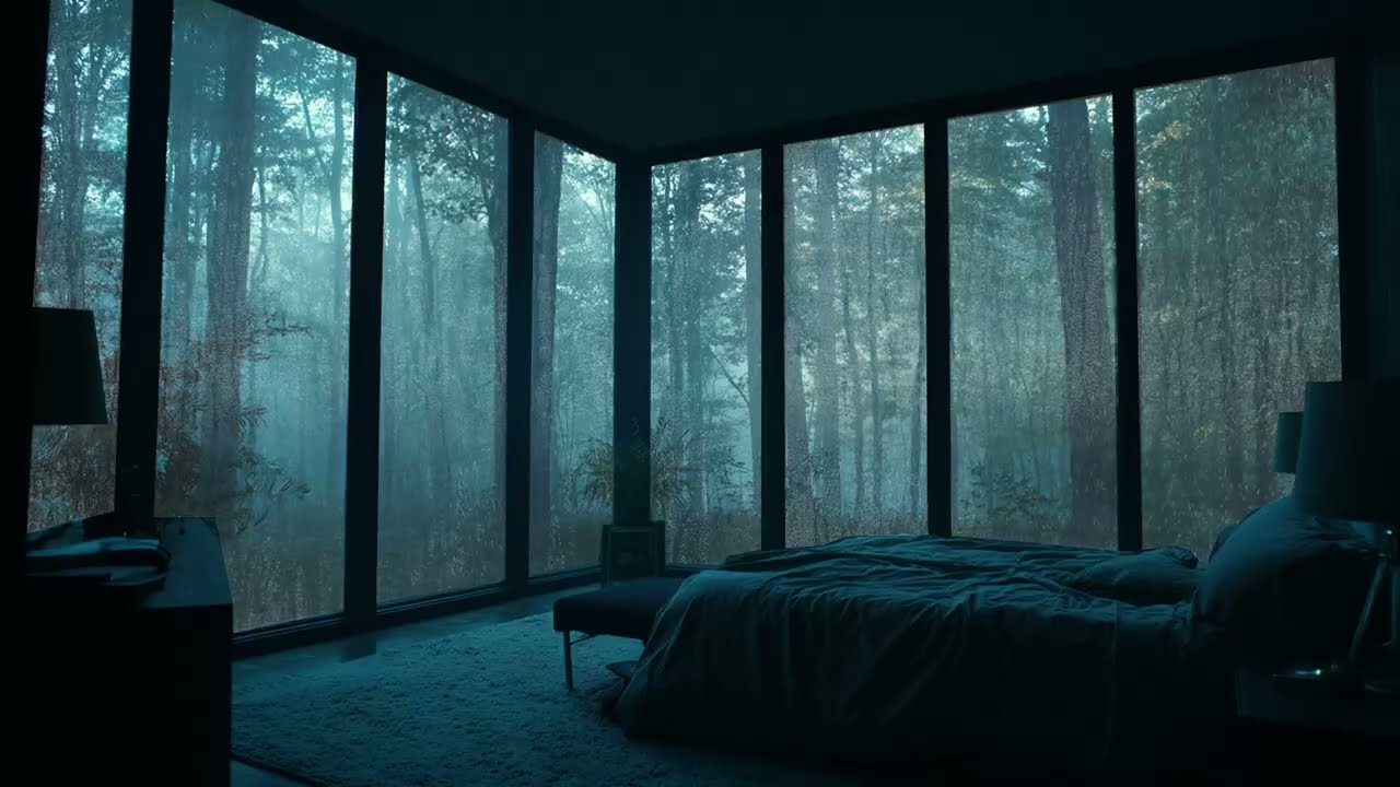Rain on Window in a Forest Bedroom - Heavy Rainstorm Sounds for Deep Sleep and Relaxation