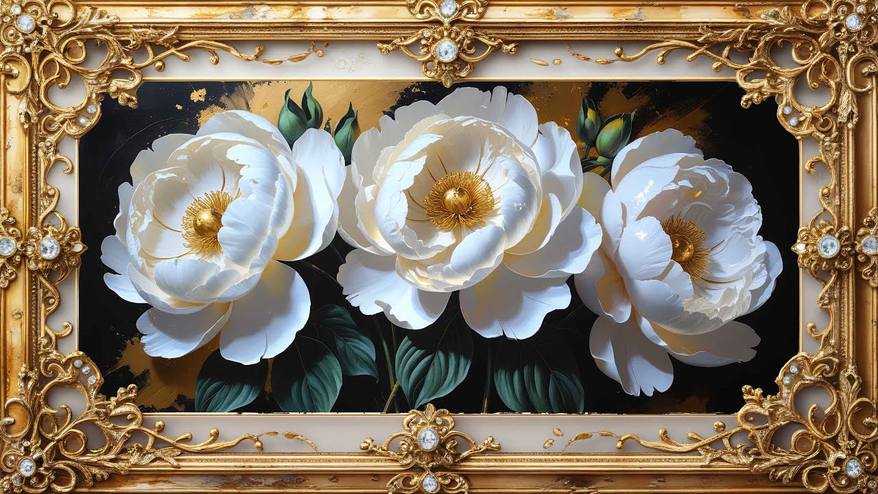 Classical Ivory Peonies Canvas Painting | Gold Frame TV Art | Artwork Screensaver for TV