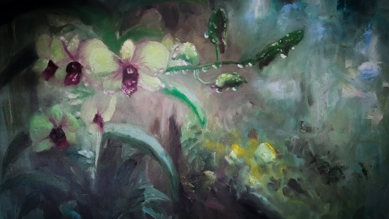 Oil painting: Orchid on a rainy day