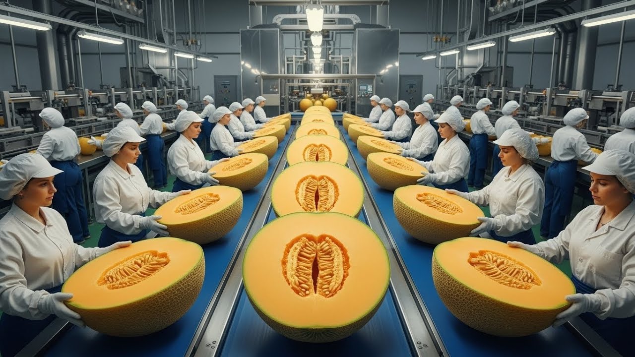 صناعة عصير الشمام على نطاق واسع — مشاهد حقيقية من داخل المصنع 🍈⚙️