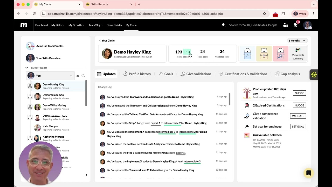My Circle in MuchSkills: manager dashboard for team skills, goals, certifications, and gap analysis