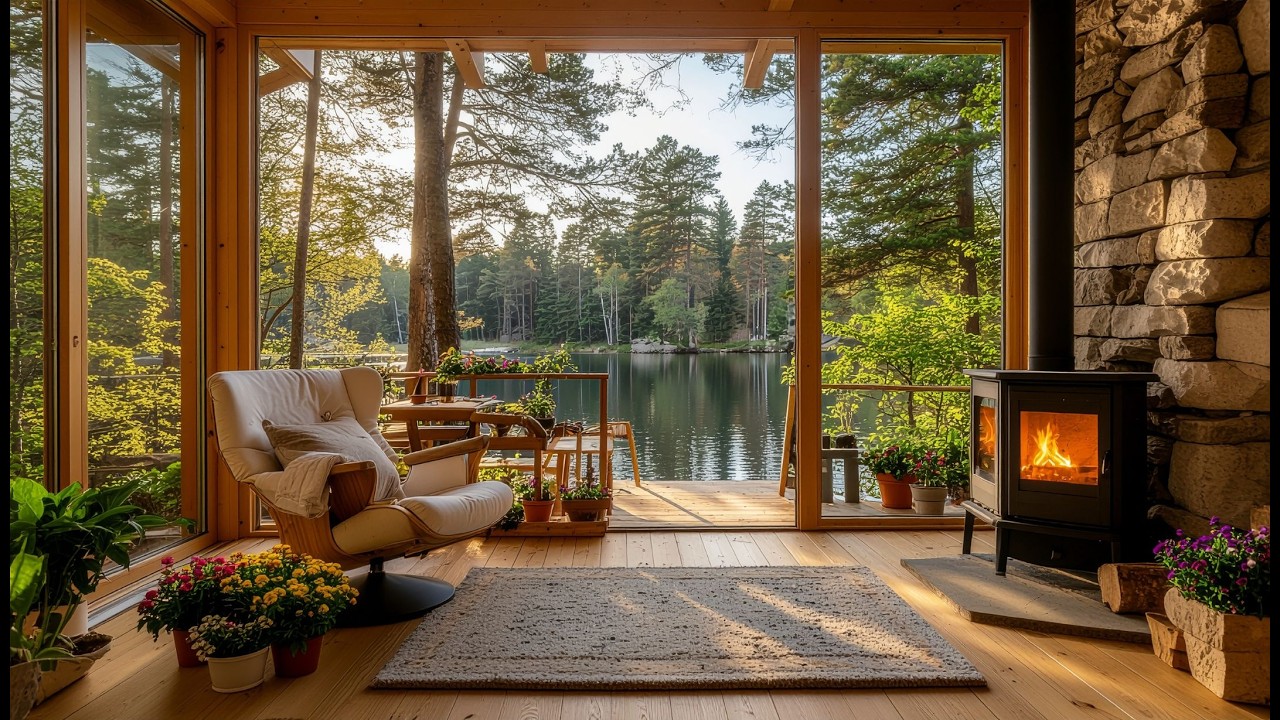 Spring Cabin Ambience with Lake View 🌿| Cozy Fireplace for Relaxing, Study & Sleep | 2 Hours (4K)