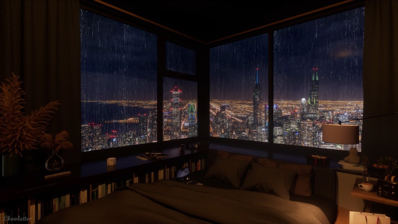 On A Beautiful Rainy Night In Chicago, In A Cozy Bedroom | Rain Sounds, RainOnWindow Sounds