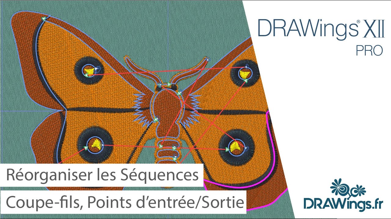 DRAWings XII - Logiciel de broderie - Réorganiser - Coupe-fils - Points d'Entrée/Sortie