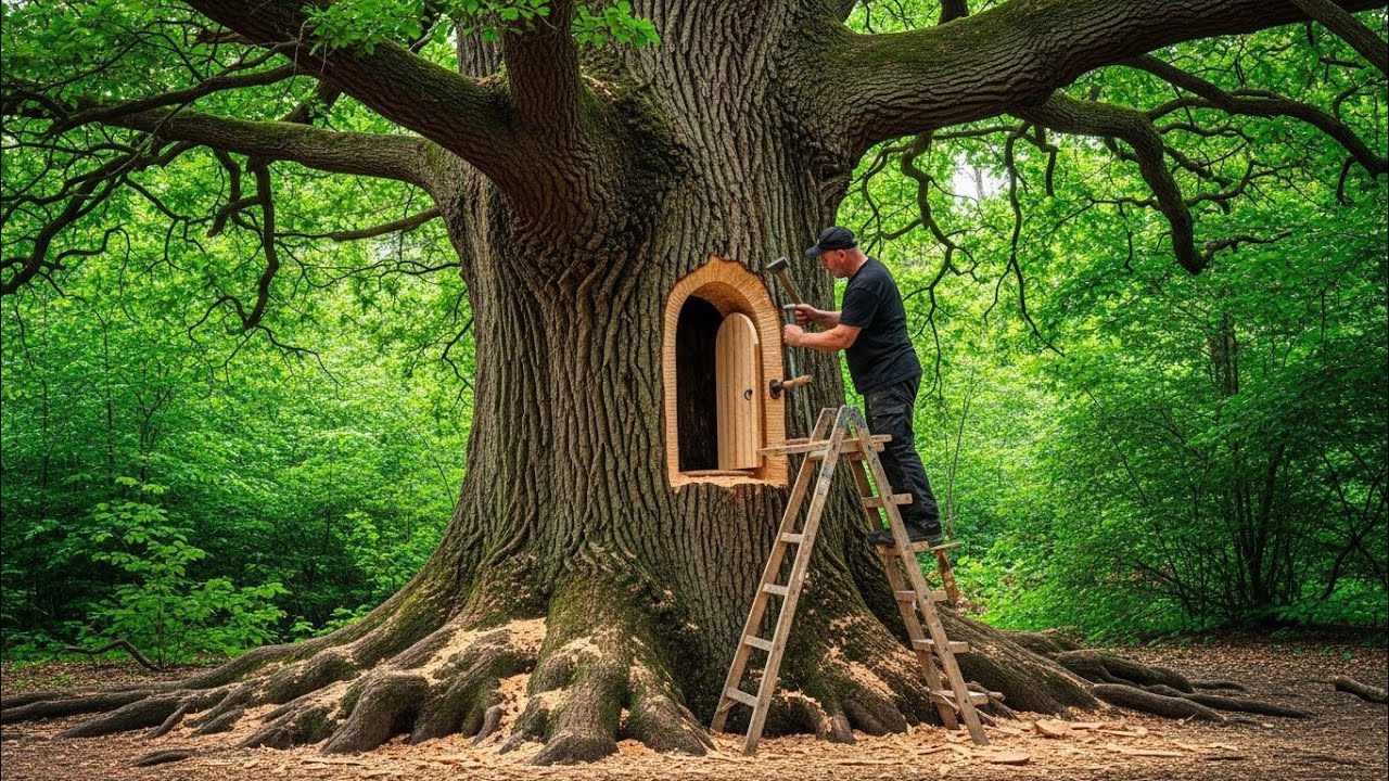 I Built a Hidden Forest Shelter Inside a Giant Tree | Solo Survival Build