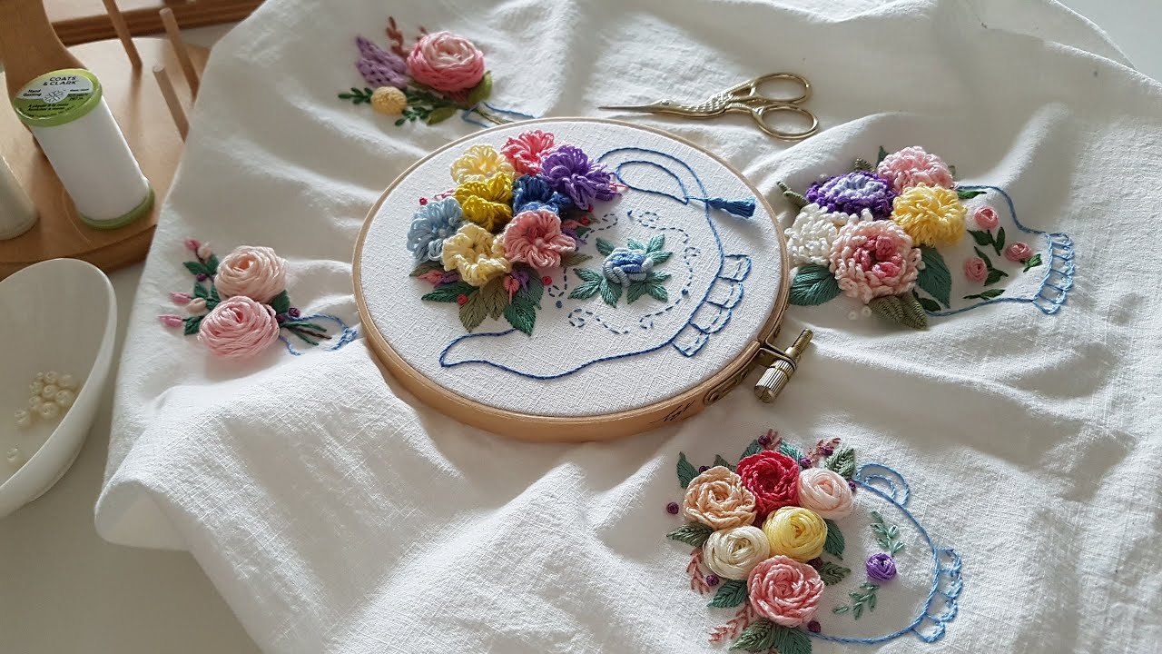 2. 푸른 꽃병자수 Blue Vase Embroidery l 프랑스자수