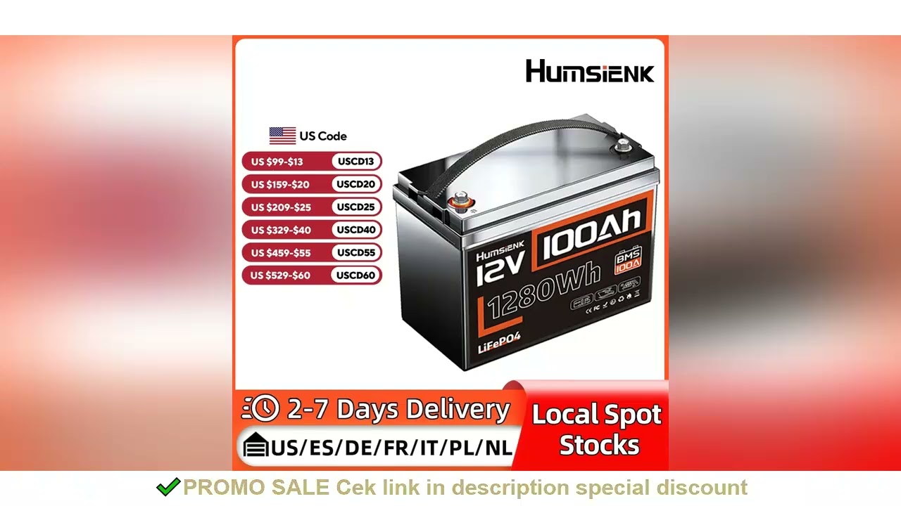 Humsienk 12V 100Ah Built-in 100A BMS Lithium Iron Phosphate Battery Packs For RV/ Vans/ Trolling Mot