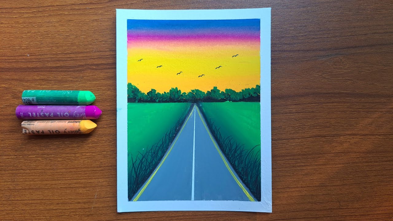 Easy Road Scenery Drawing | Sunset Landscape Step-by-Step Oil Pastels Art