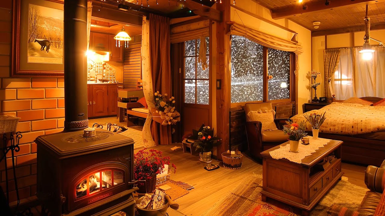 Warm Winter Room, Fall asleep Quickly, Relax, Meditate with Cozy Fireplace Sounds & Relaxing Snow