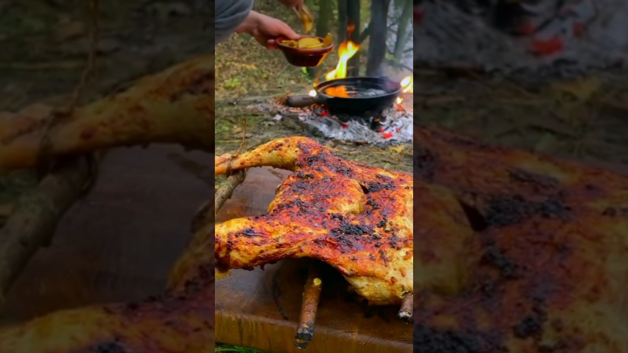 Whole Chicken Grilled in Forest Campfire | Bushcraft Chicken #youtubeshorts #asmr #trending #shorts