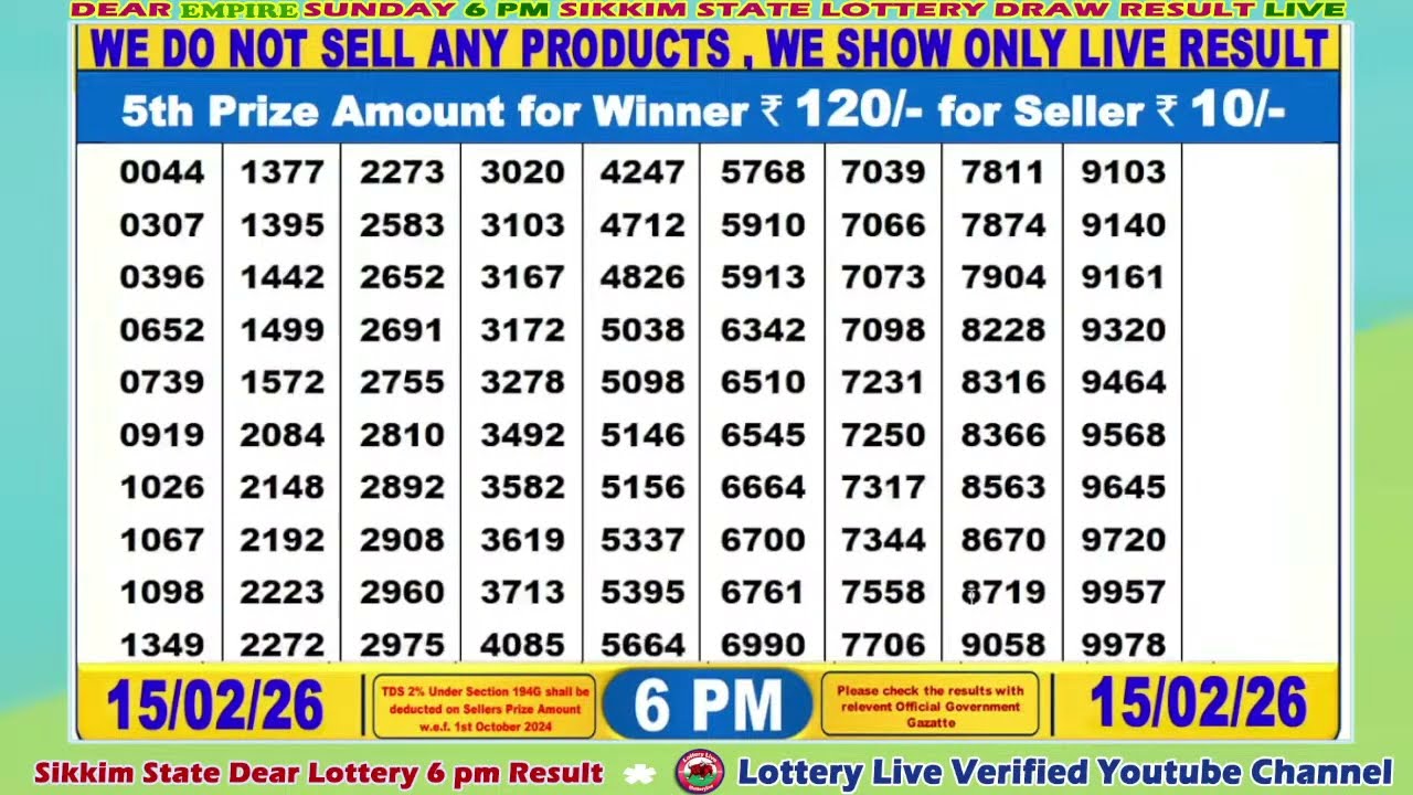 [LIVE] Lottery 6:00 PM Dear Sikkim state lottery live draw result 15.02.2026 | Lottery live