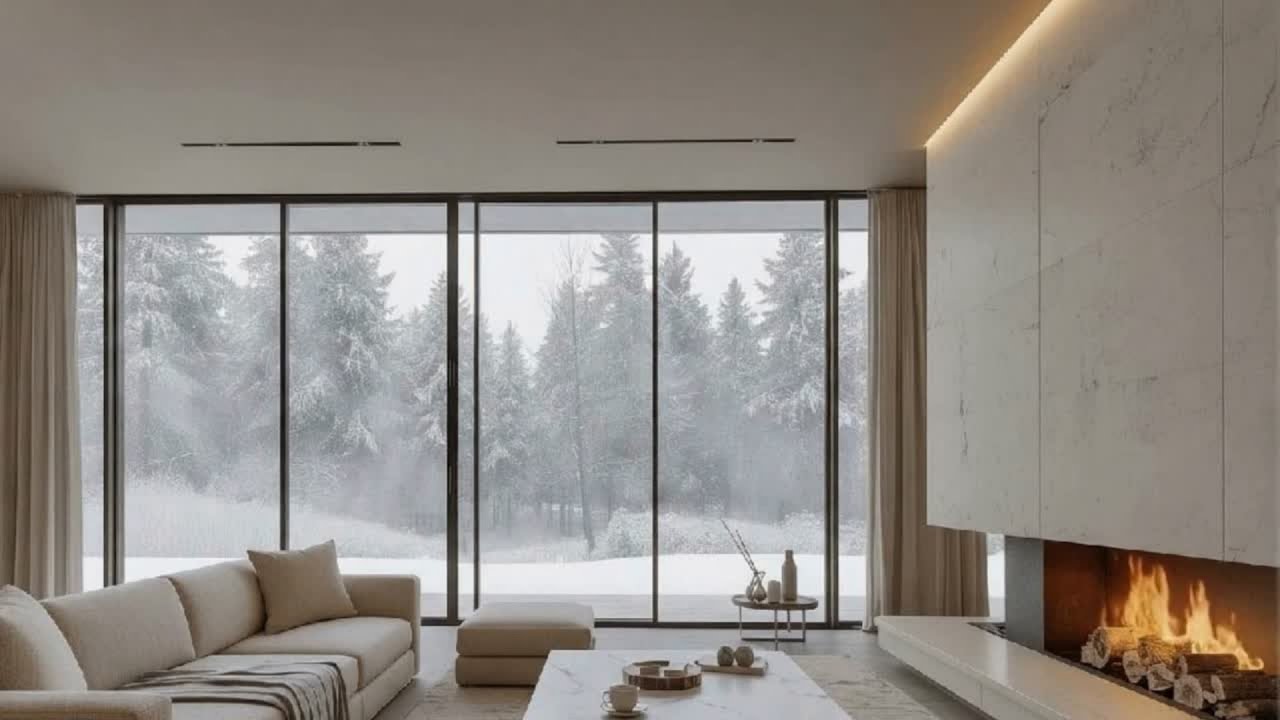 Cozy Luxury Living Room Ambience | Snowy Window & Marble Fireplace ASMR | 30 Mins (Select Loop)