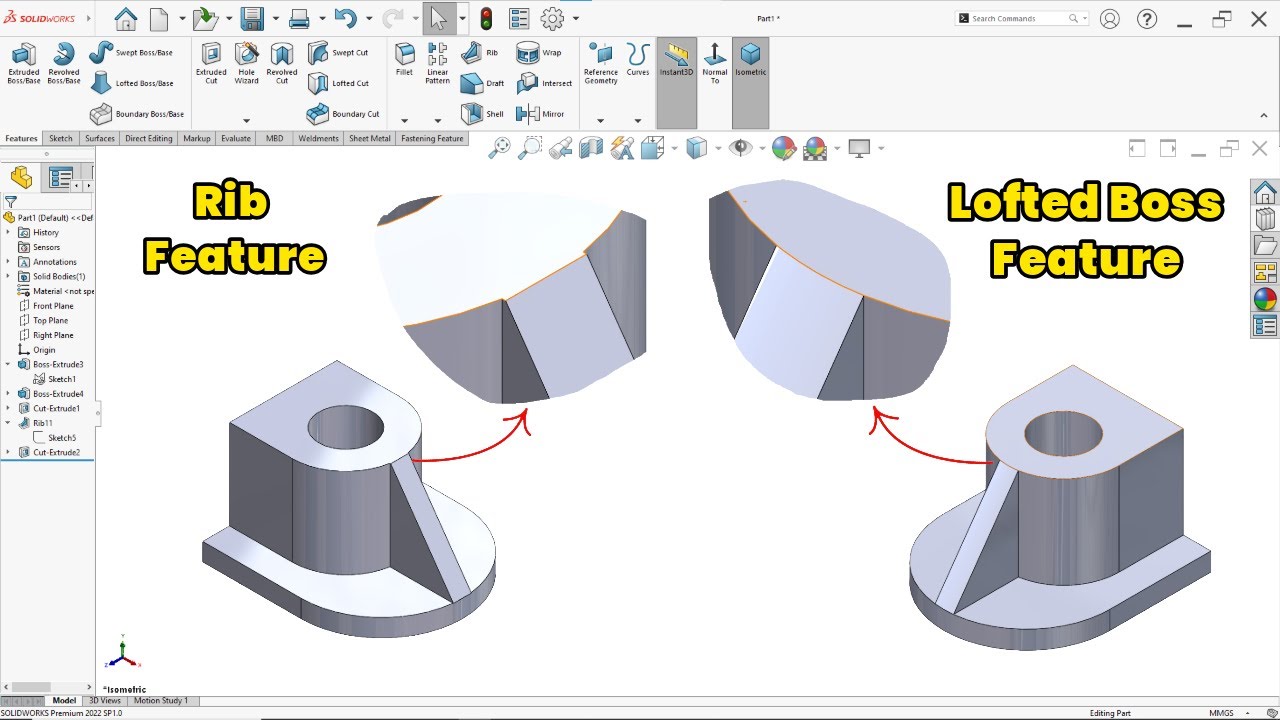 Лучший способ моделирования рёбер на круглых деталях в SolidWorks