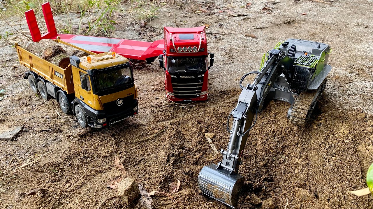 Aksi #28 Dump Truk RC Huina 1536 Muatan Tanah Merah Bahan Bangunan, Excavator Besar Huina 1593 