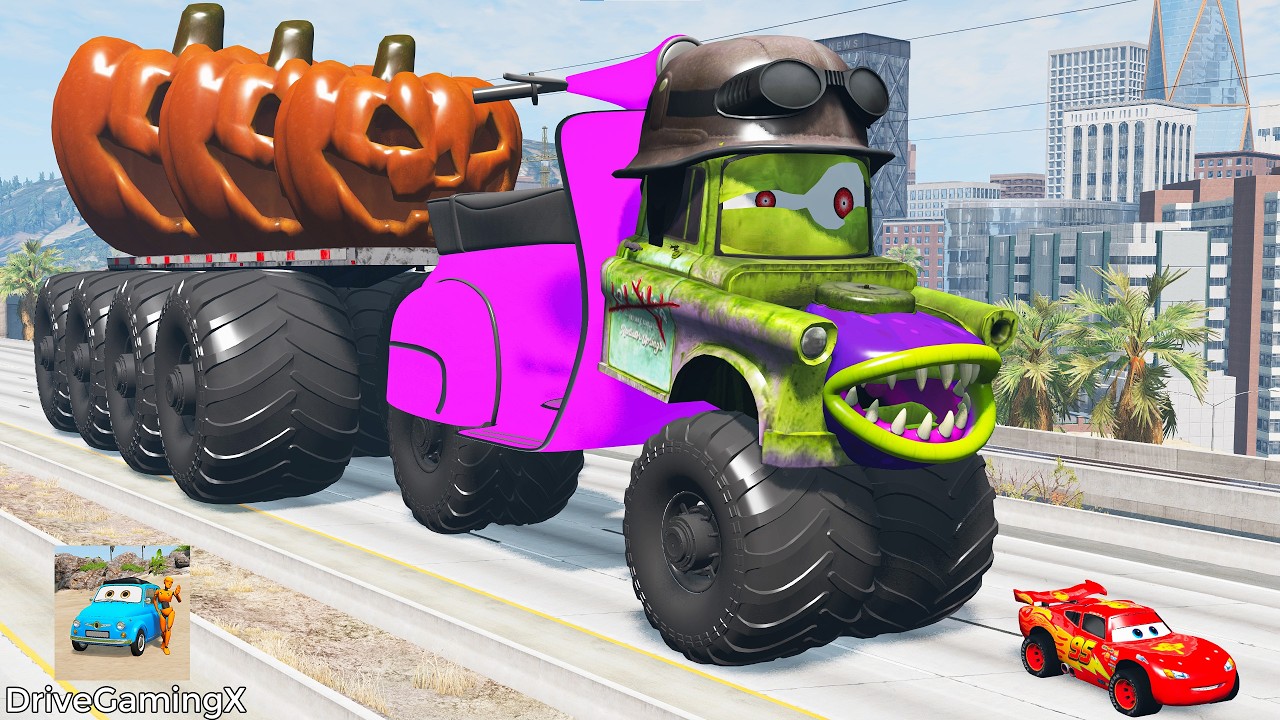 Giant CRUSHER DOZER Mack Truck Eater VS Cars Lightning McQueen Escape Monster - Beamng.Drive #23