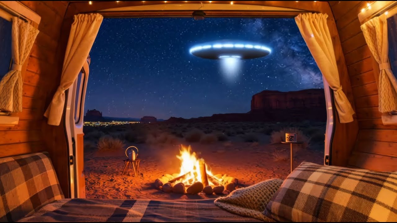ASMR Cozy Camper Van with Alien UFO Sounds ,🔥 Fire Crackling and Crickets for Sleep 🌙