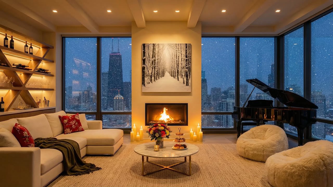 Snowy Night in Chicago ❄️ Luxury Penthouse Jazz & Fireplace [Study / Sleep / Work / Relax]