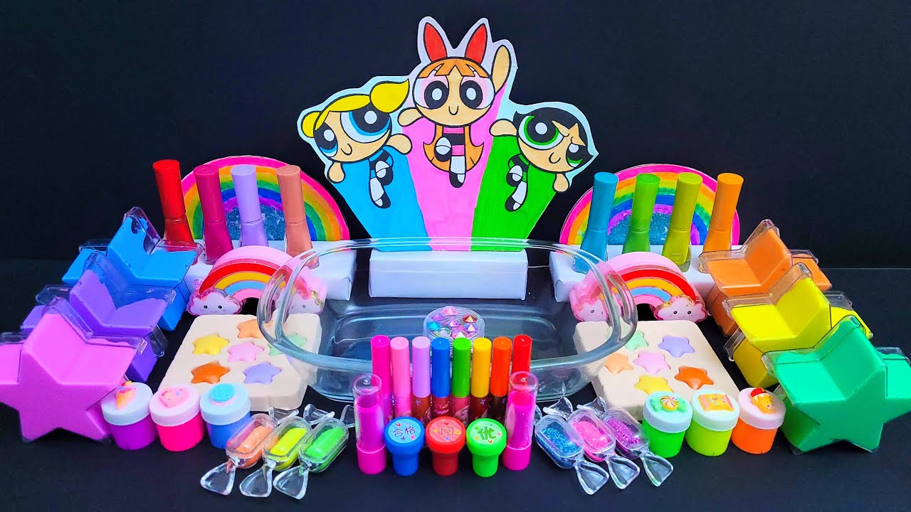 Powerpuff Girls Slime - Mixing clear slime - Mixing makeup glitter, parts into Green blue pink slime