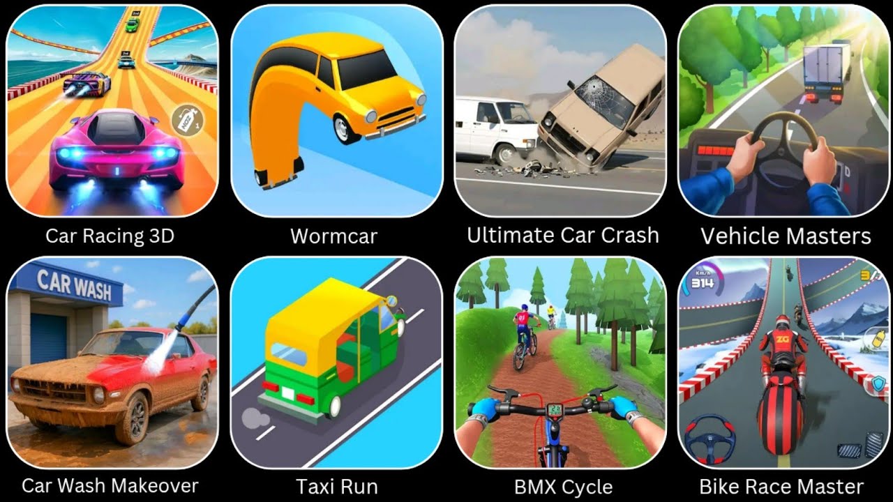 Taxi Run, Ultimate Car Crash, Car Wash Makeover, Car Racing 3D, Wormcar, Bike Race Master.... 
