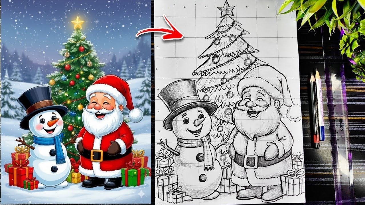 Merry Christmas Drawing, Santa Claus Drawing, How To Draw Santa With Snowman, Christmas Tree Drawing