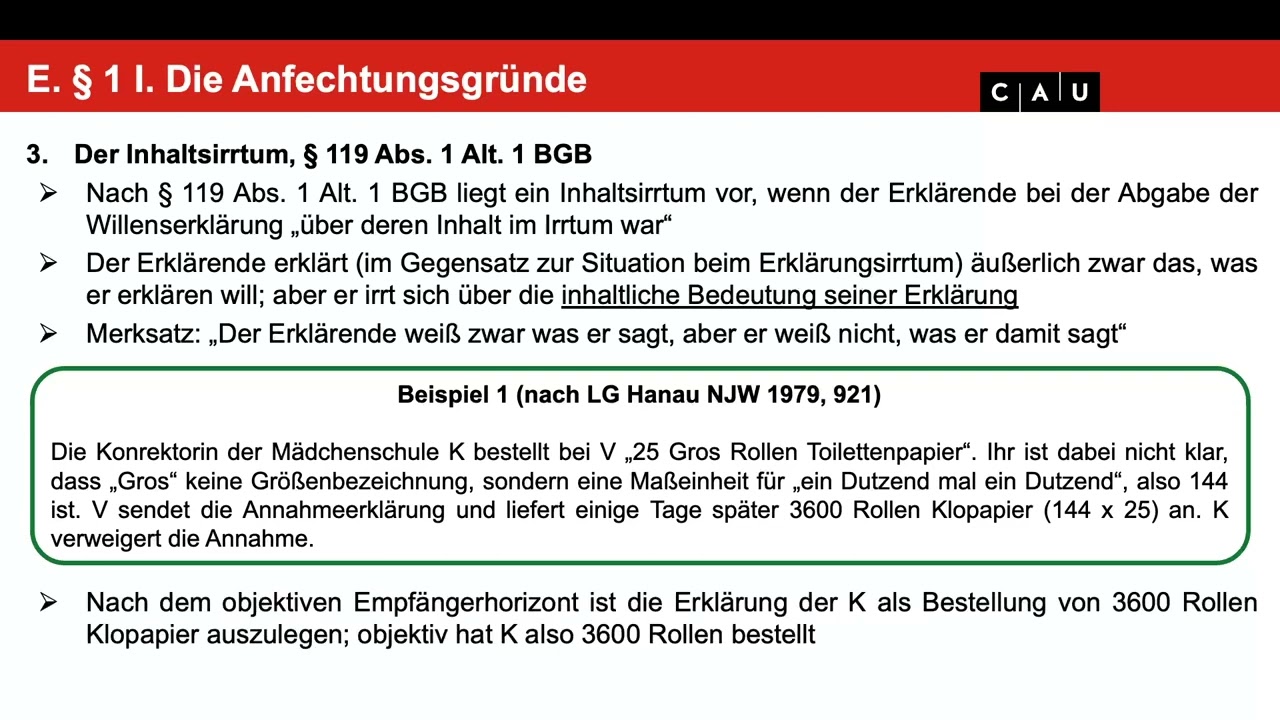 BGB AT – Folge 10 (Anfechtung: Inhaltsirrtum, Eigenschaftsirrtum, Arglistige Täuschung)